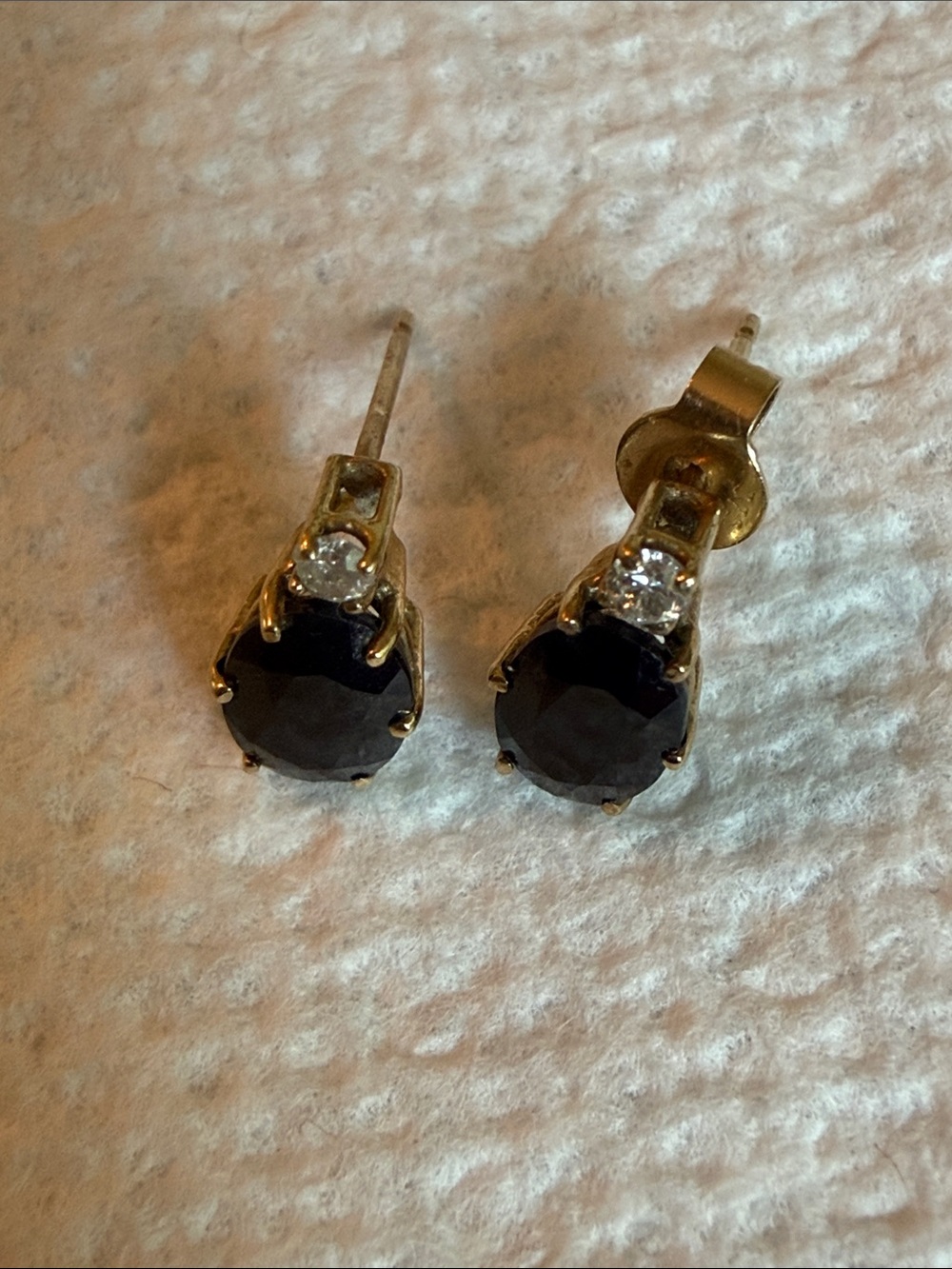 Vintage 14K Yellow Gold Oval Midnight Sapphire & Diamond Accent Stud Earrings